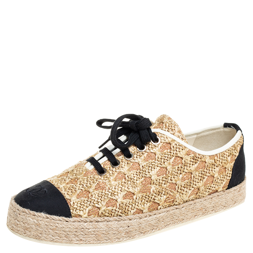 Chanel Beige/Black Raffia And Canvas Espadrille Sneakers Size 39