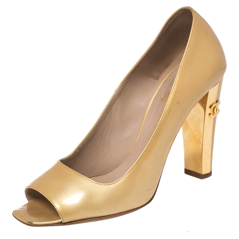 Chanel Gold Patent Leather CC Block Heel Peep Toe Pumps Size 38.5