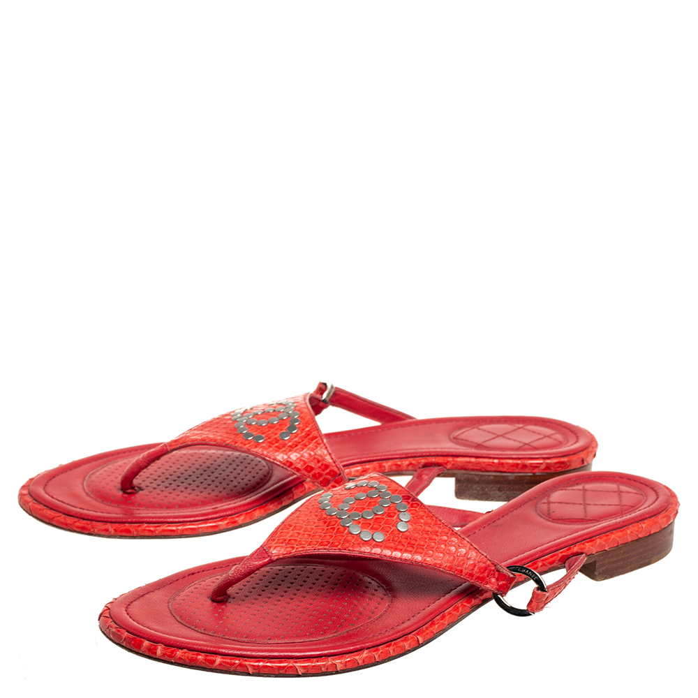 Chanel Red Python CC Flat Thong Sandals Size 39.5