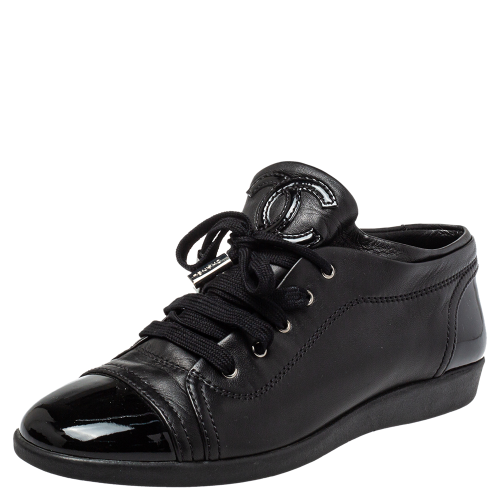 Chanel Black Patent And Leather CC Sneakers Size 38.5