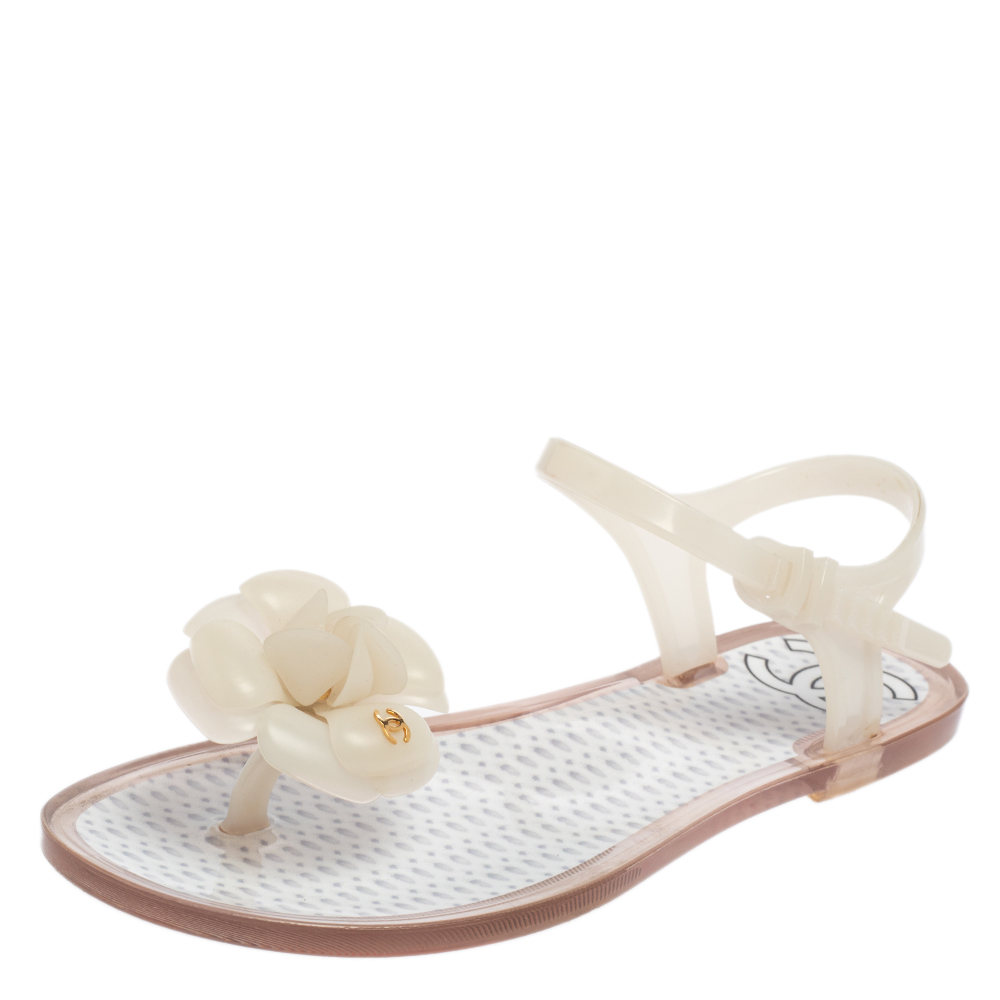 Chanel White Jelly CC Camellia Flower Thong Flats Size 35