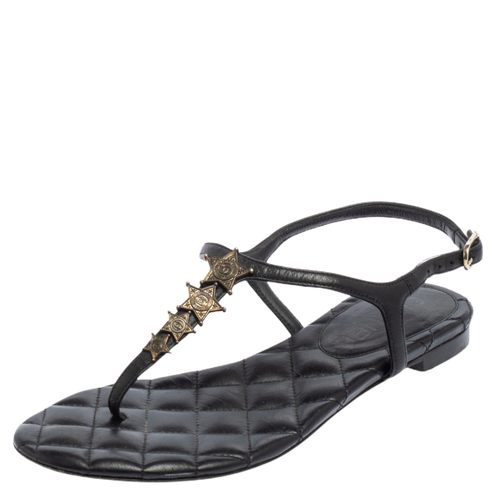 Chanel Black Leather Star Embellished Ankle Strap Flat Thong Sandals Size 35