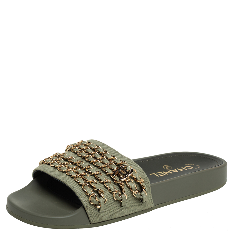 Chanel Grey Fabric Tropiconic Chain Detail Flat Slides Size 38