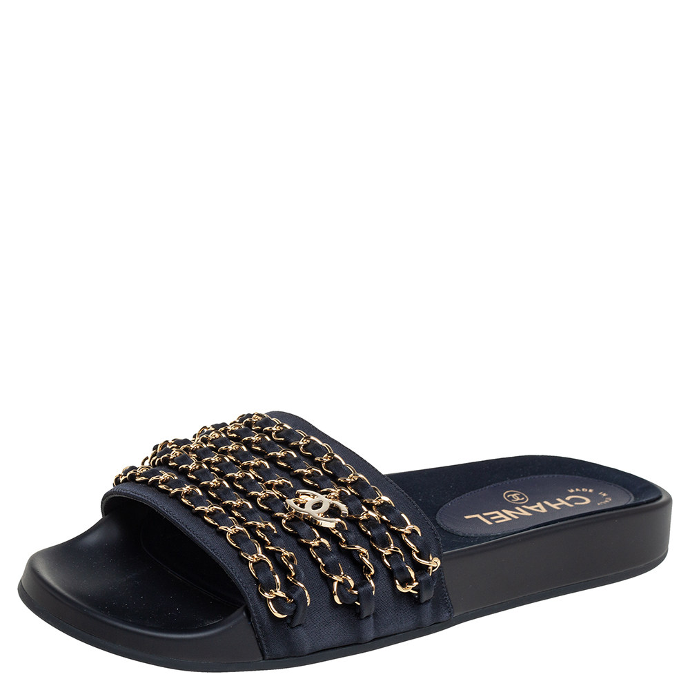 Chanel Navy Blue Fabric Tropiconic Chain Flat Slides Size 38