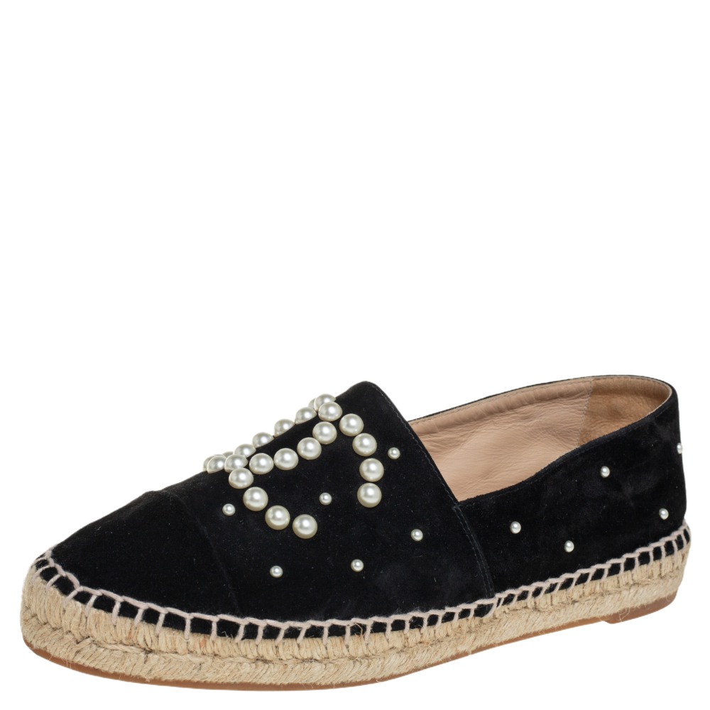 Chanel Black Suede CC Pearl Embellished Espadrille Flats Size 38