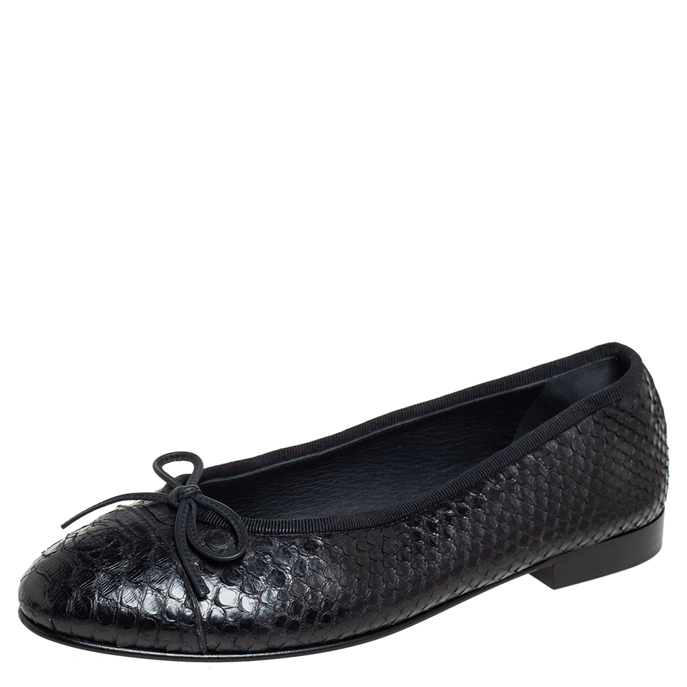 Chanel Black Python Leather Ballet Flats Size 37.5