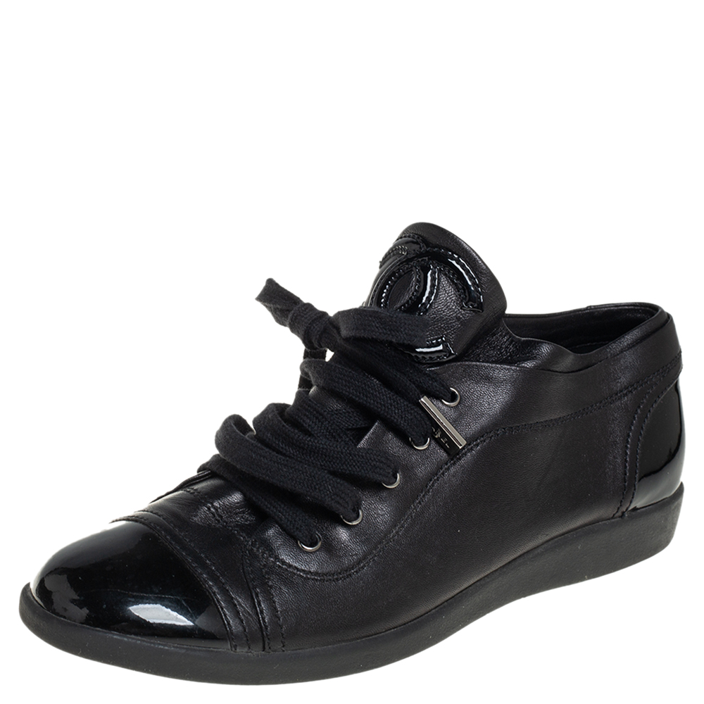 Chanel Black Patent Leather Low Top Sneakers Size 38