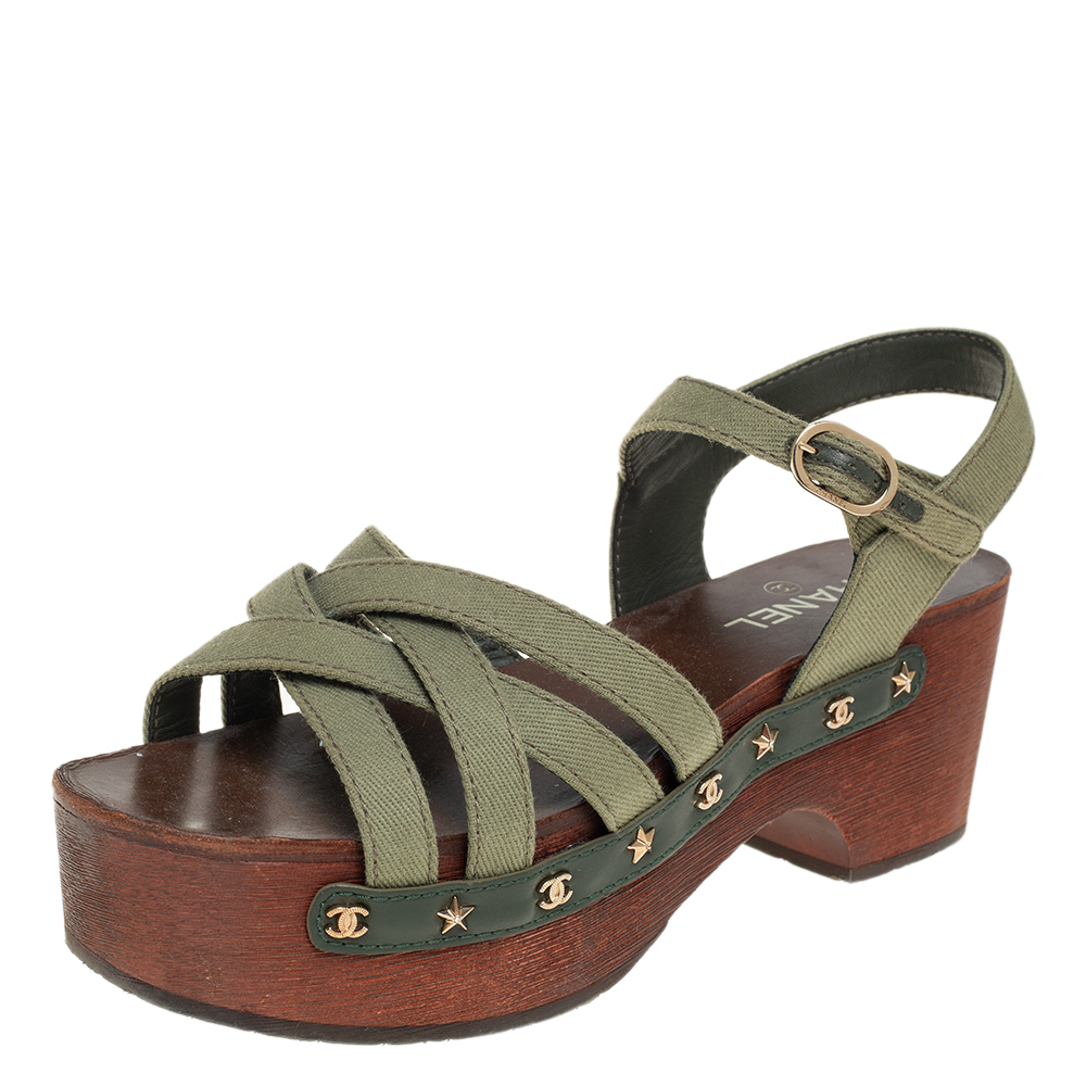 Chanel Green Fabric Star And CC Studded Wooden Clog Ankle Strap Sandals Size 41