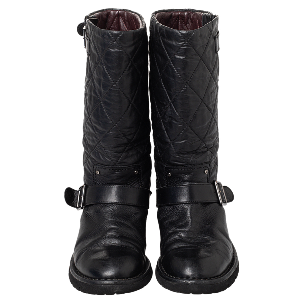 Chanel Black Quilted Coated Fabric And Leather Mid Calf Boots Size 38