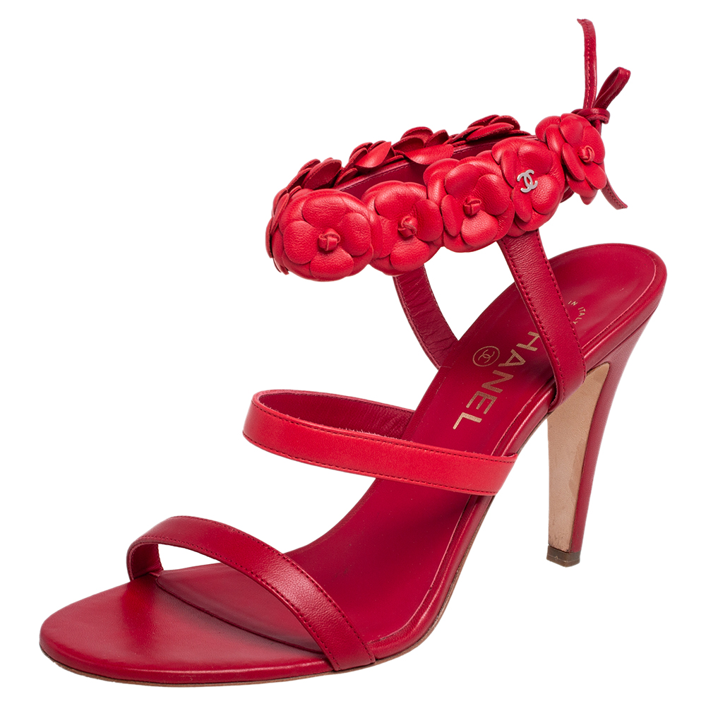 Chanel Red Leather Camellia Appliqué Ankle Strap Sandals Size 40.5