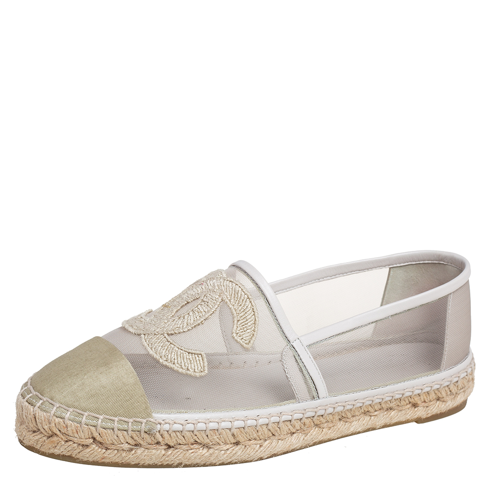 Chanel Beige Leather And Net Espadrille Flats Size 38