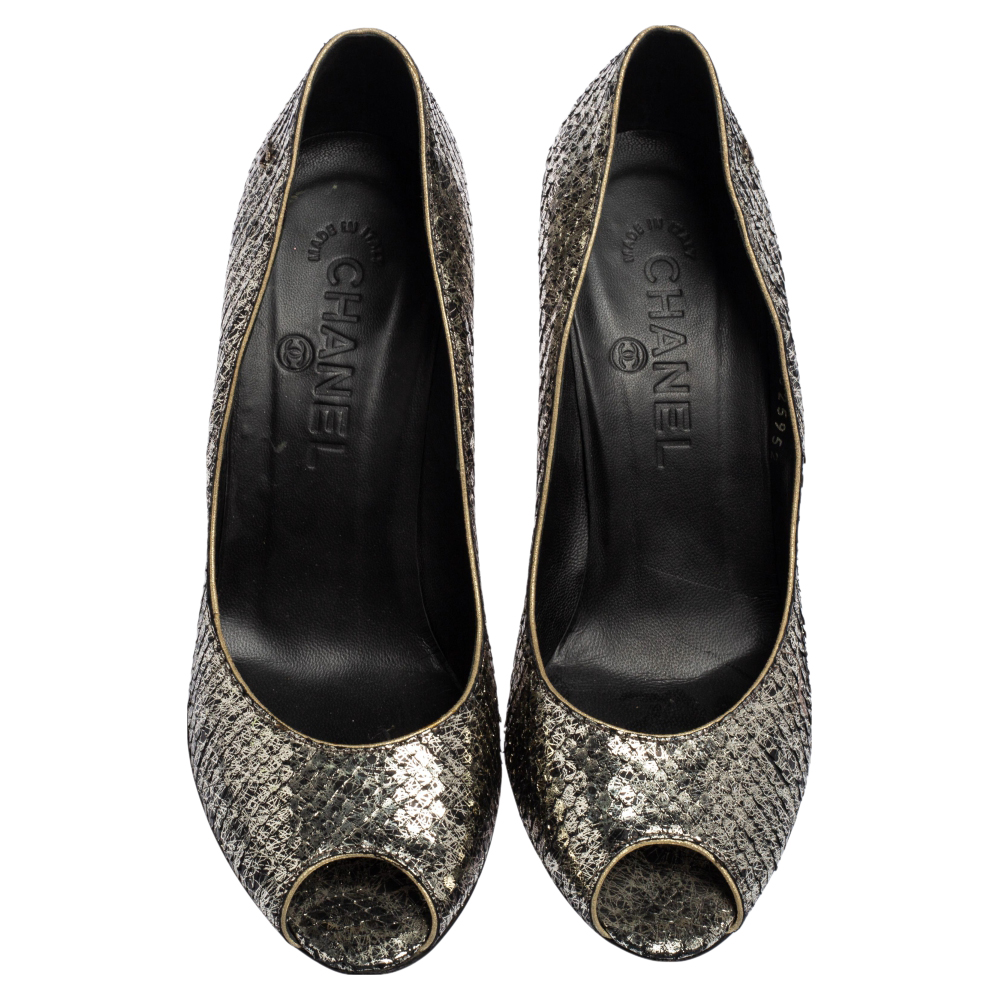 Chanel Silver Metallic Python Peep Toe Pumps Size 36.5