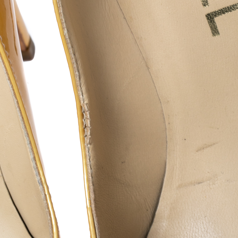 Chanel Gold Patent Leather CC Peep Toe Pumps Size 36.5
