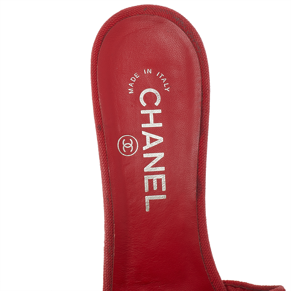 Chanel Red Canvas CC Wedge Slide Sandals Size 38.5