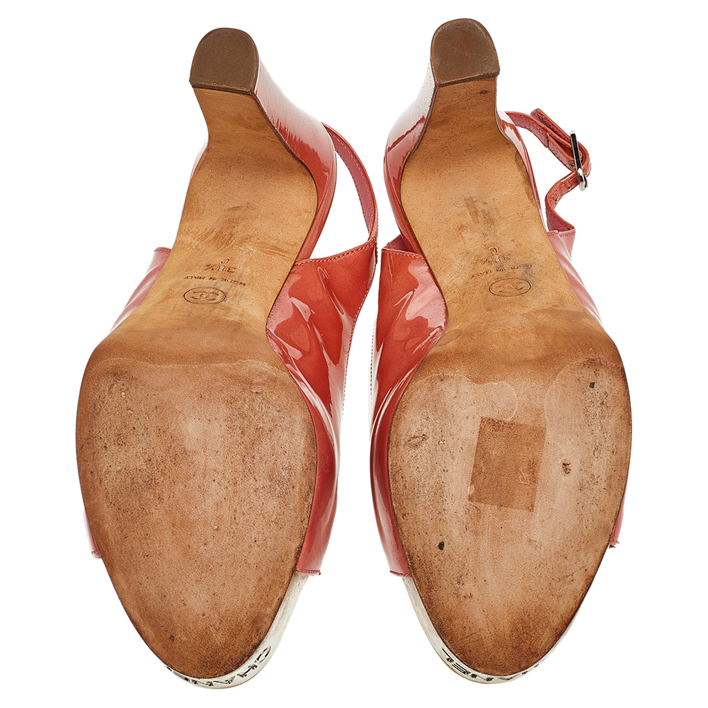 Chanel Orange Patent Leather Platform Slingback Sandals Size 38.5