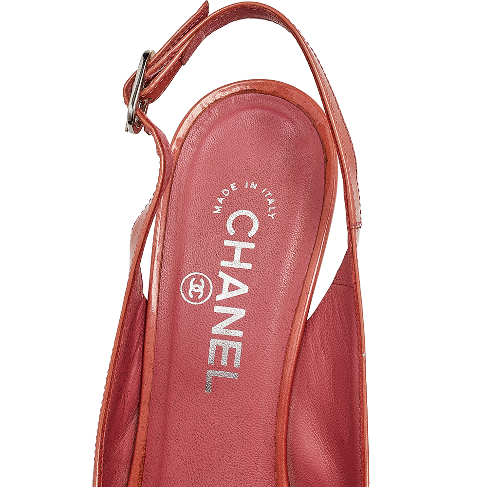 Chanel Orange Patent Leather Platform Slingback Sandals Size 38.5