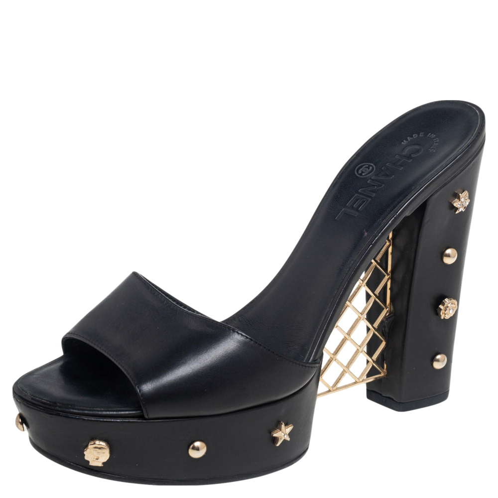 Chanel Black Leather Embellished Platform Block Heel Sandals Size 40