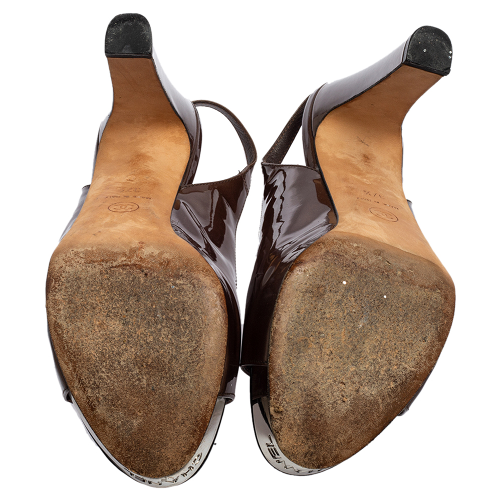 Chanel Olive Brown Patent Leather Peep Toe Slingback Platform Sandals Size 37.5