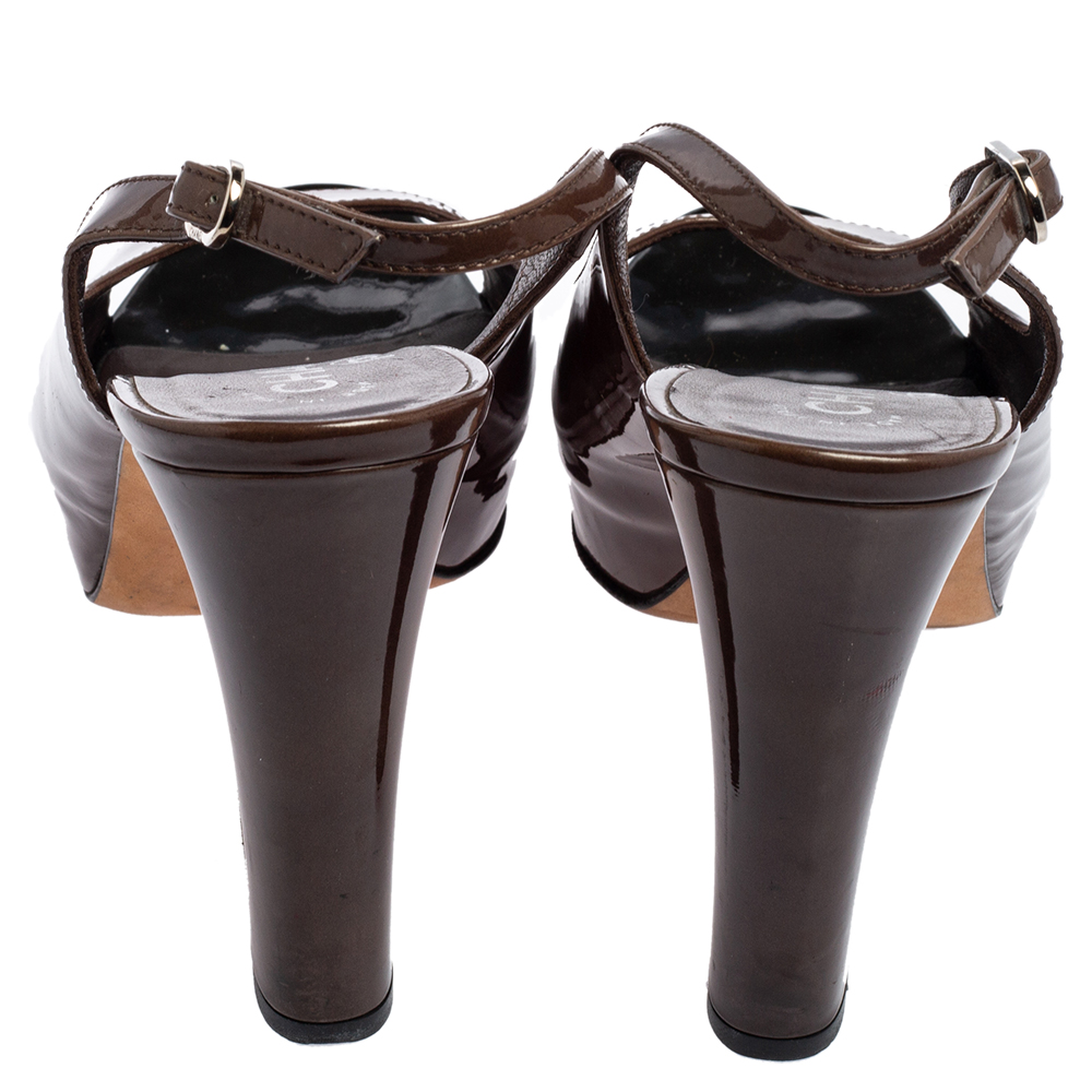 Chanel Olive Brown Patent Leather Peep Toe Slingback Platform Sandals Size 37.5