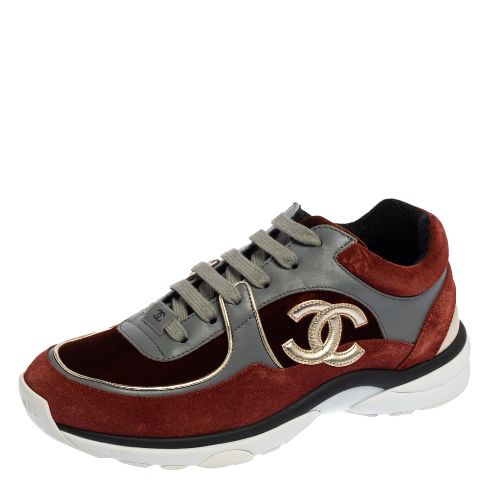 Chanel Multicolor Suede and Metallic Leather Lace Up Sneakers Size 38