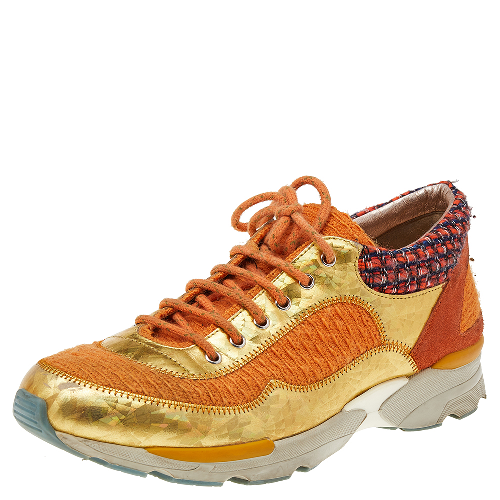 Chanel orange/gold tweed and suede cc low top sneakers size 38
