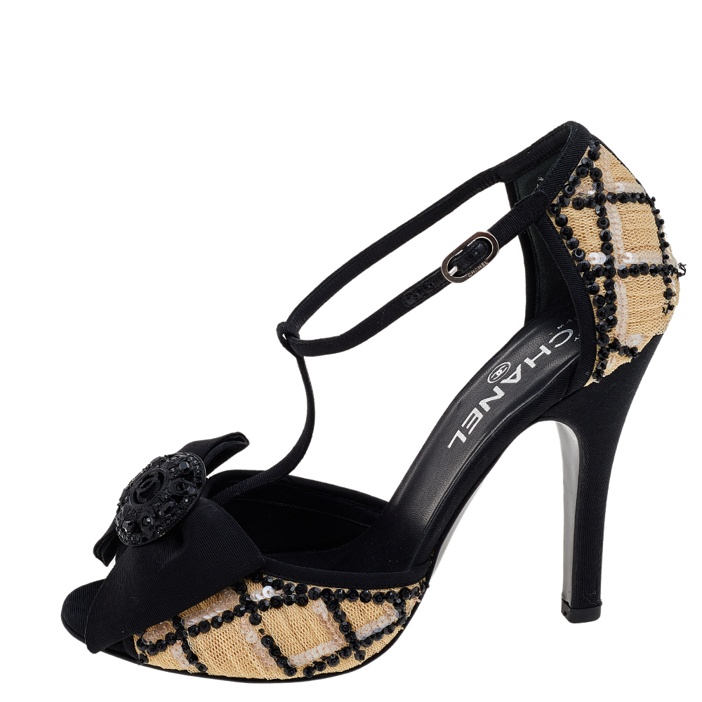 Chanel Beige/Black Mesh And Fabric Ankle Strap Sandals Size 38