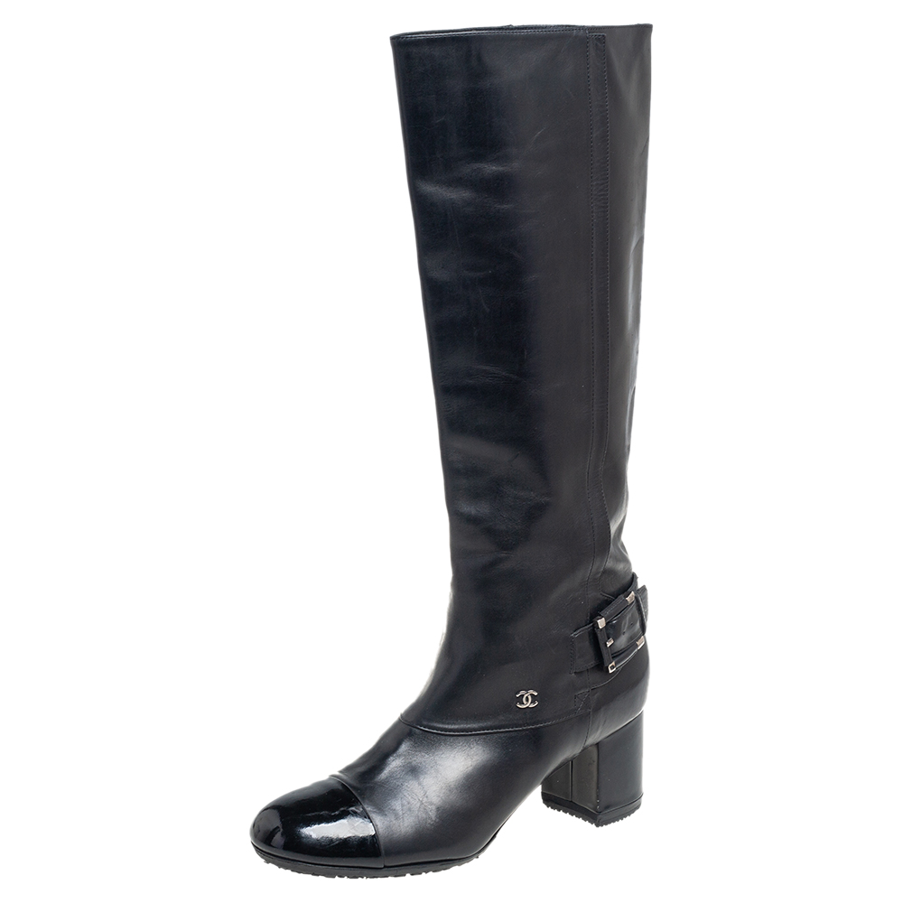 Chanel Black Leather And Patent Leather CC Cap Toe Knee Length Boots Size 37.5