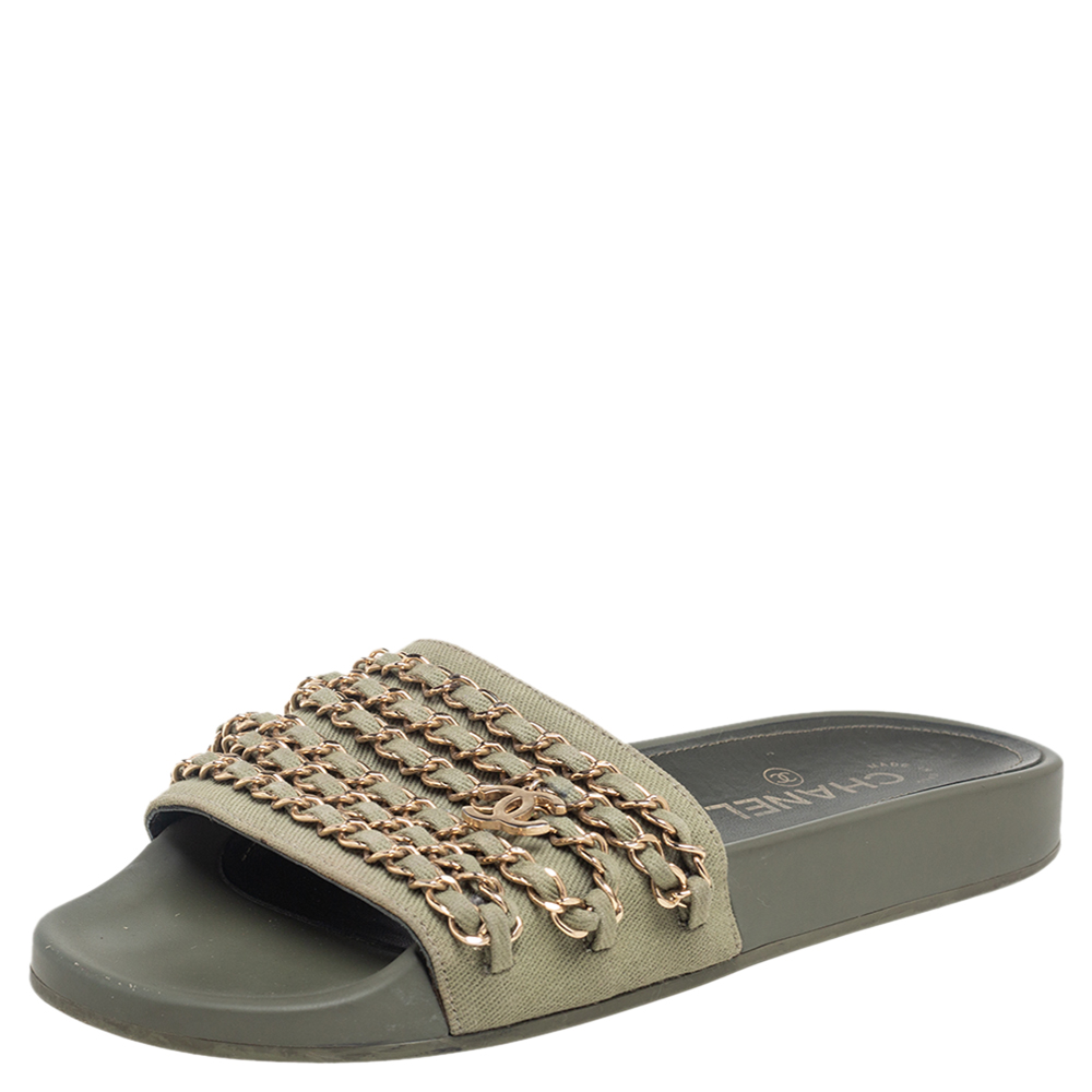 Chanel Khaki Green Fabric Tropiconic Chain Detail Flat Slide Sandals Size 38