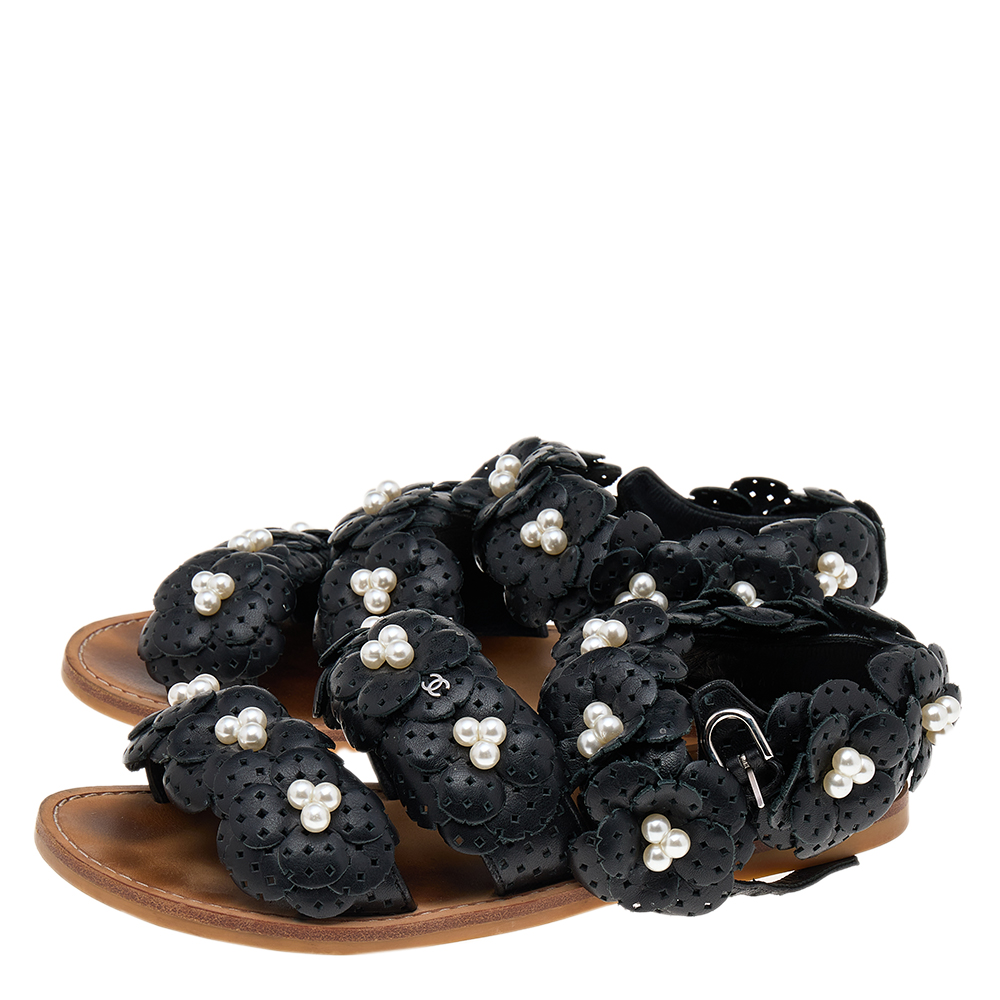 Chanel Black Leather Camellia Flower Pearl Embellished Flat Sandals Size 37.5
