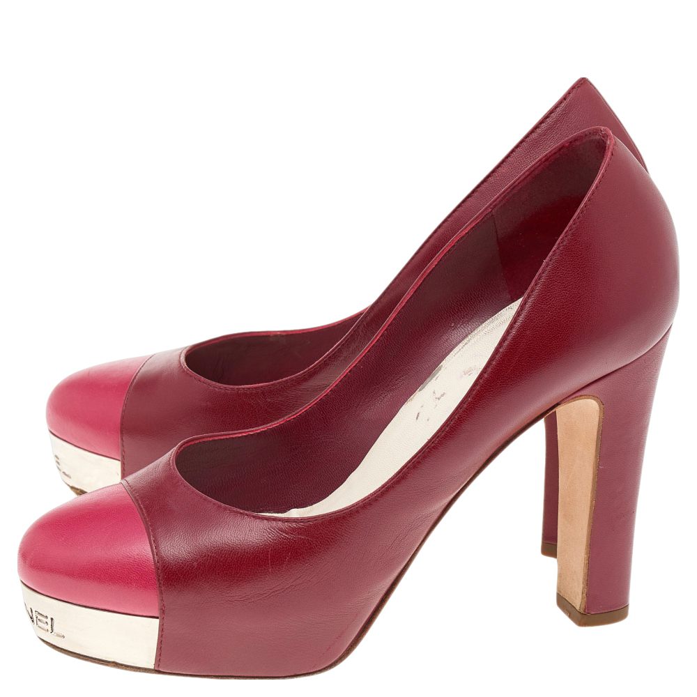 Chanel Red/Pink Leather CC Cap Toe Block Heel Platform Pumps Size 35.5
