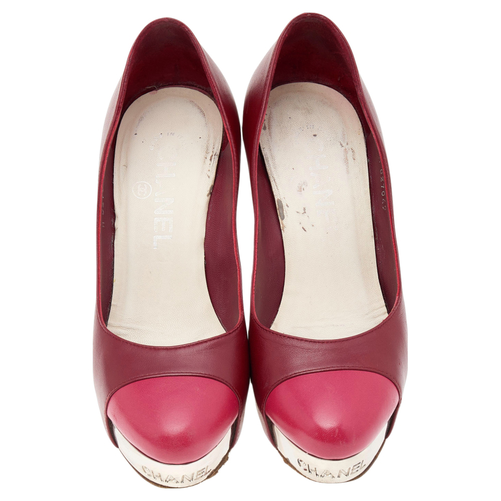 Chanel Red/Pink Leather CC Cap Toe Block Heel Platform Pumps Size 35.5
