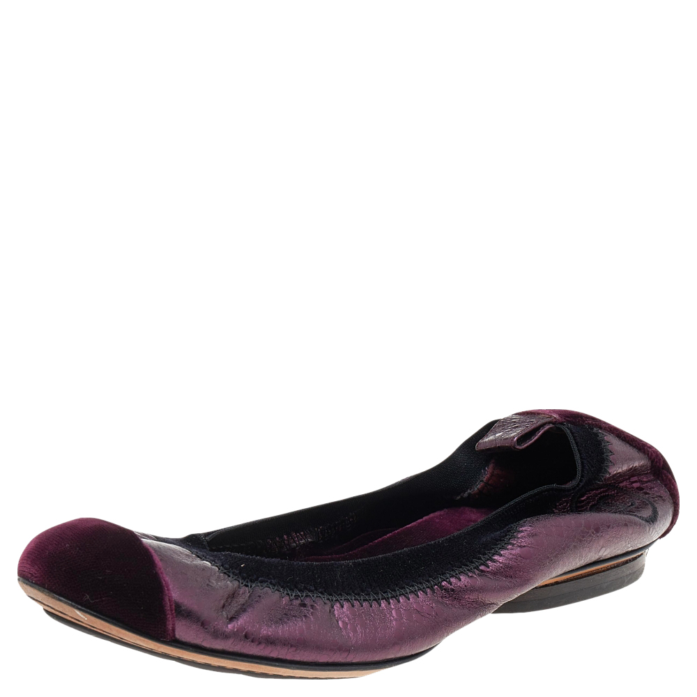 Chanel black/purple velvet and leather scrunch cc cap toe ballet flats size 34.5