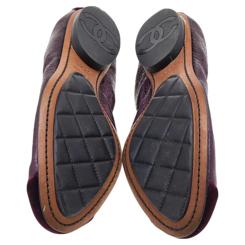 Chanel Black/Purple Velvet And Leather Scrunch CC Cap Toe Ballet Flats Size 34.5