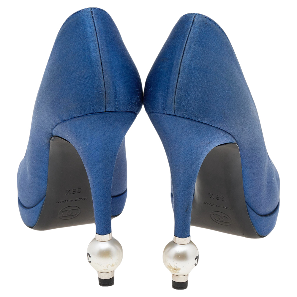 Chanel Blue/Black Satin Pearl Embellished Heel Pumps Size 36.5