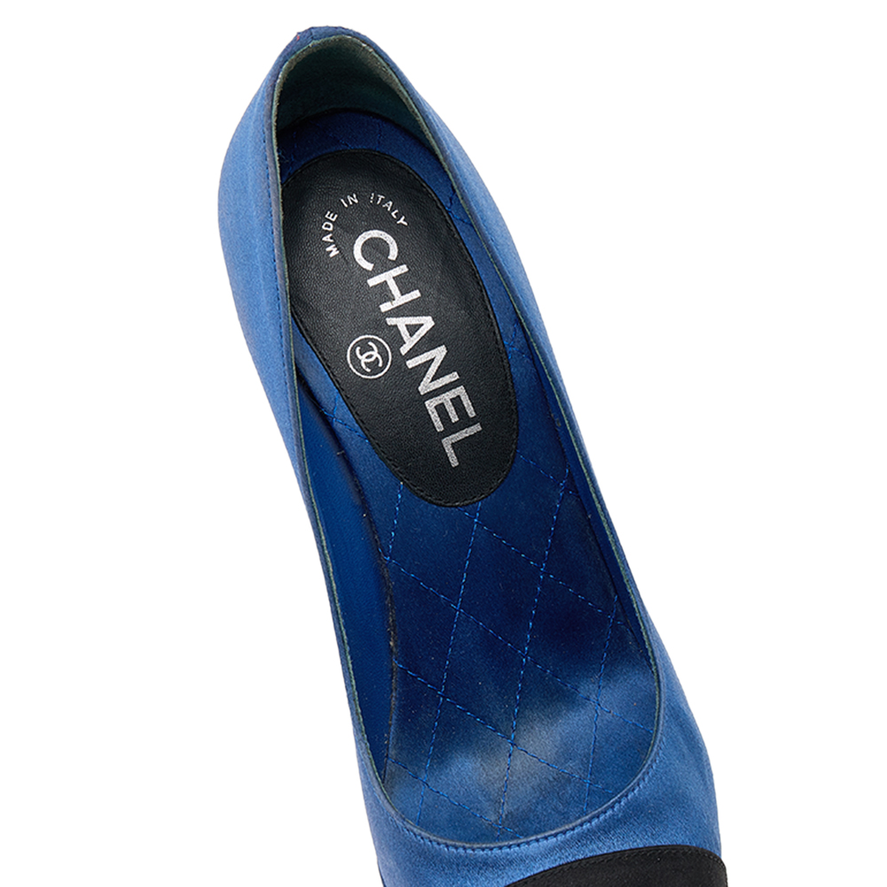 Chanel Blue/Black Satin Pearl Embellished Heel Pumps Size 36.5