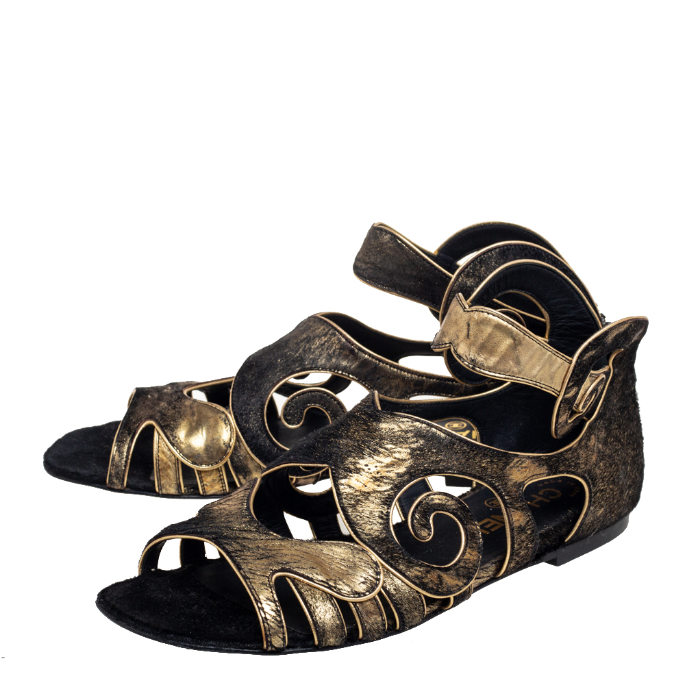 Chanel Black/Gold Calf Hair And Leather Cutout Flat Sandals Size 38