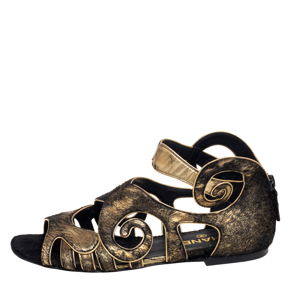 Chanel Black/Gold Calf Hair And Leather Cutout Flat Sandals Size 38