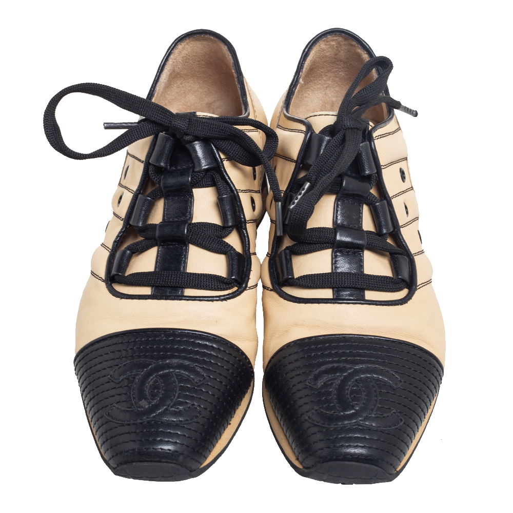 Chanel Beige/Black Leather CC Cap Toe Sneakers 35