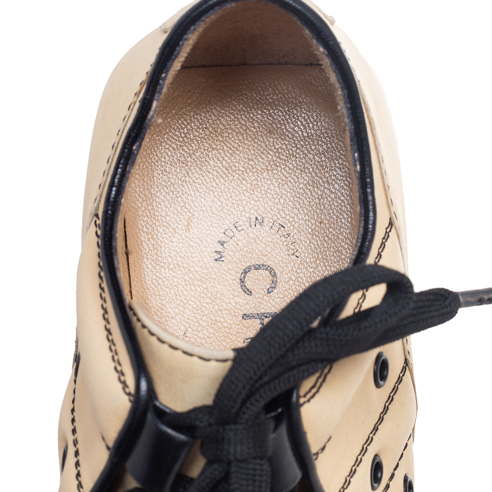 Chanel Beige/Black Leather CC Cap Toe Sneakers 35
