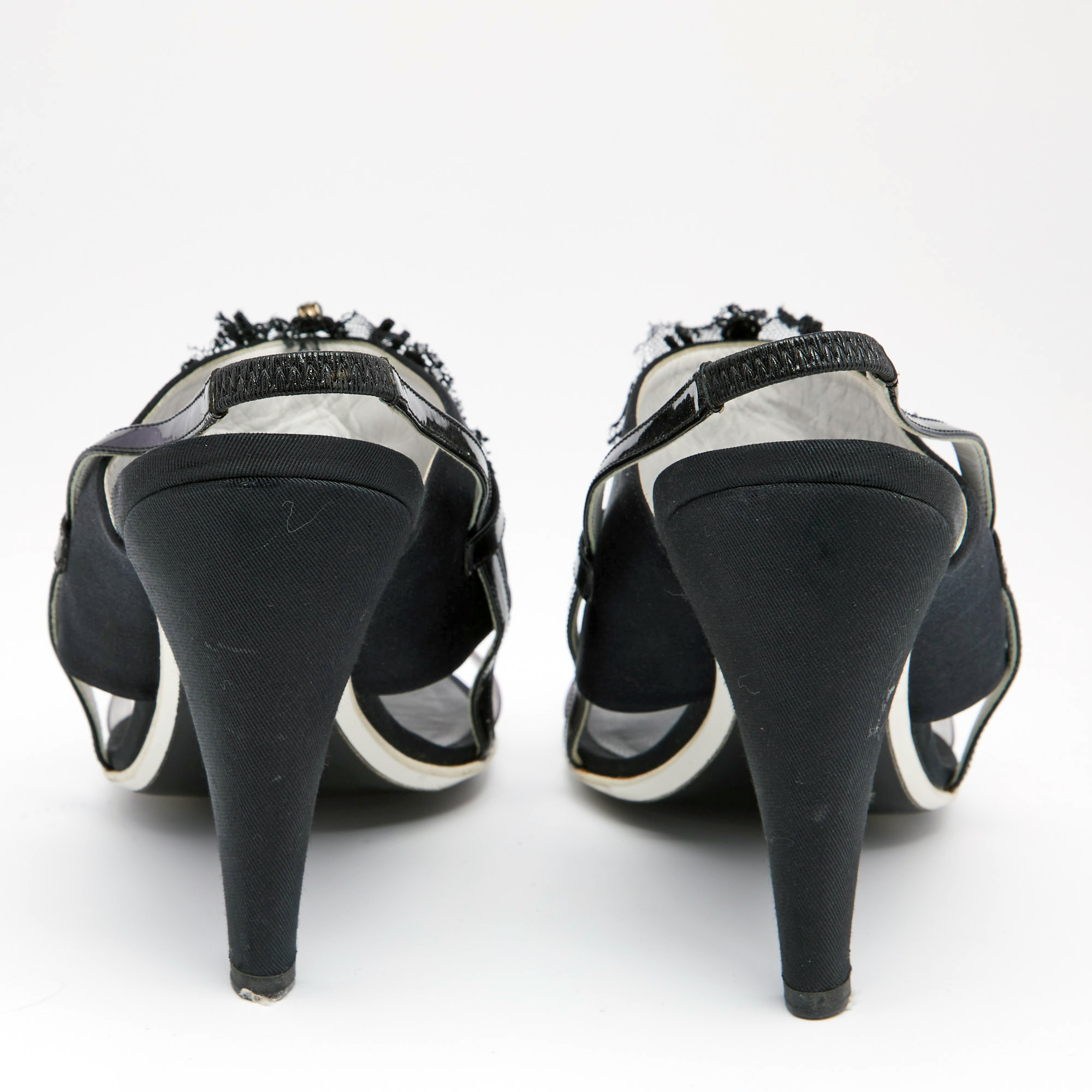Chanel Black Satin And PVC Embellished Slingback Sandals Size 40