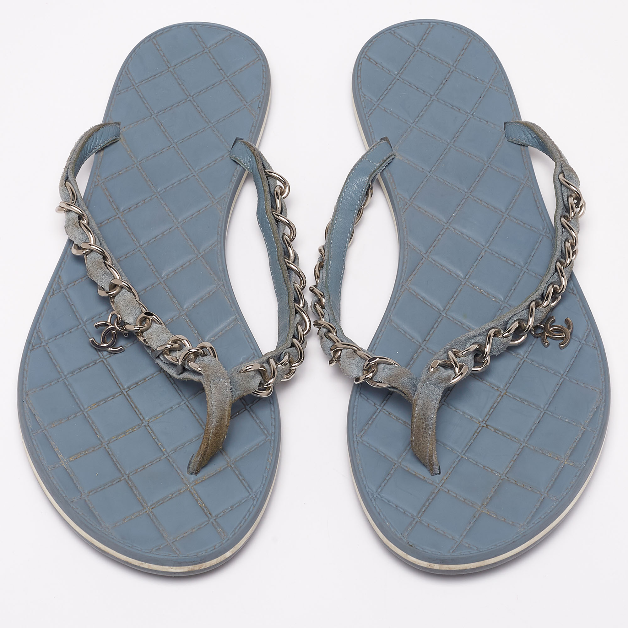 Chanel Light Blue Suede Chain Link Flat Thong Sandals Size 36.5
