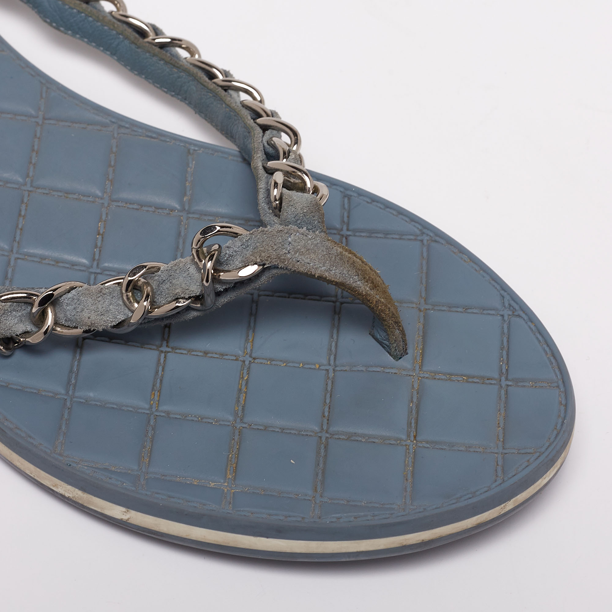Chanel Light Blue Suede Chain Link Flat Thong Sandals Size 36.5