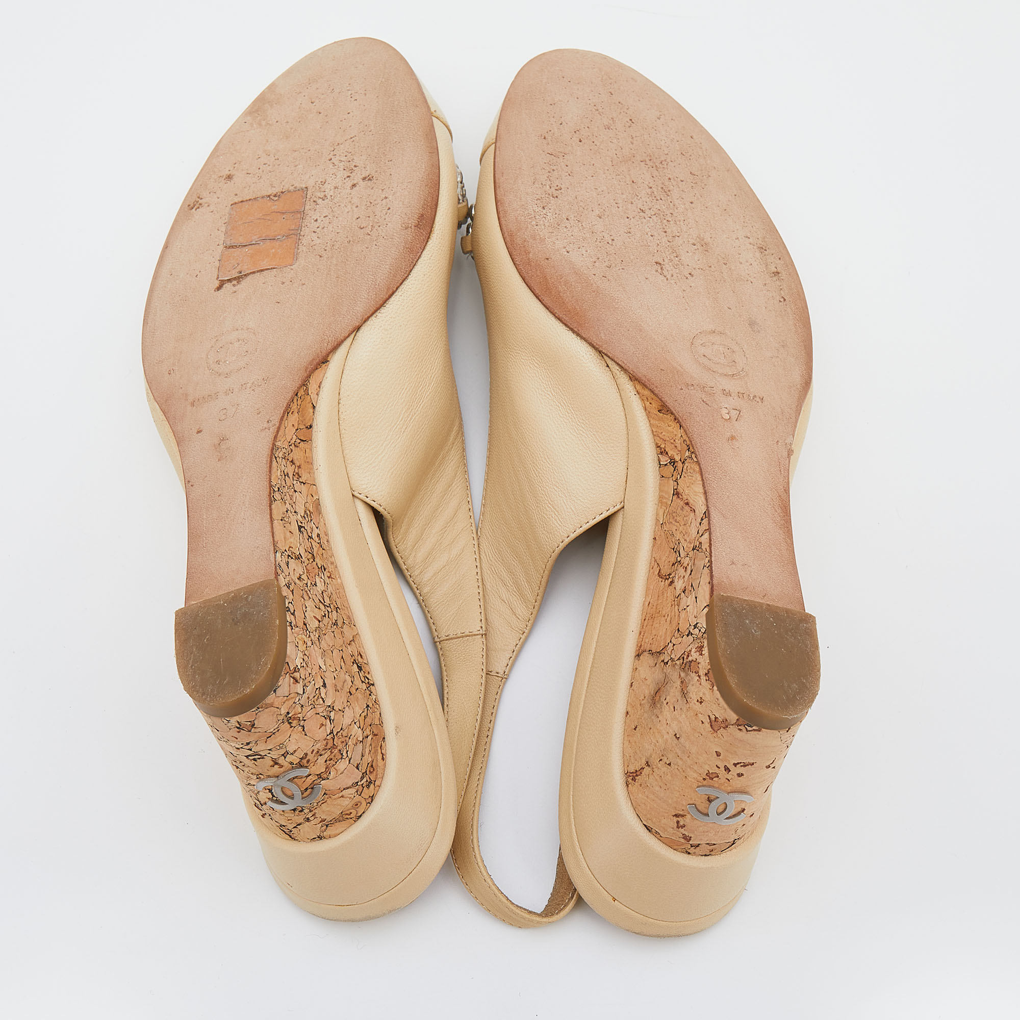 Chanel Cream Leather Cork Wedge Heel Slingback Sandals Size 37