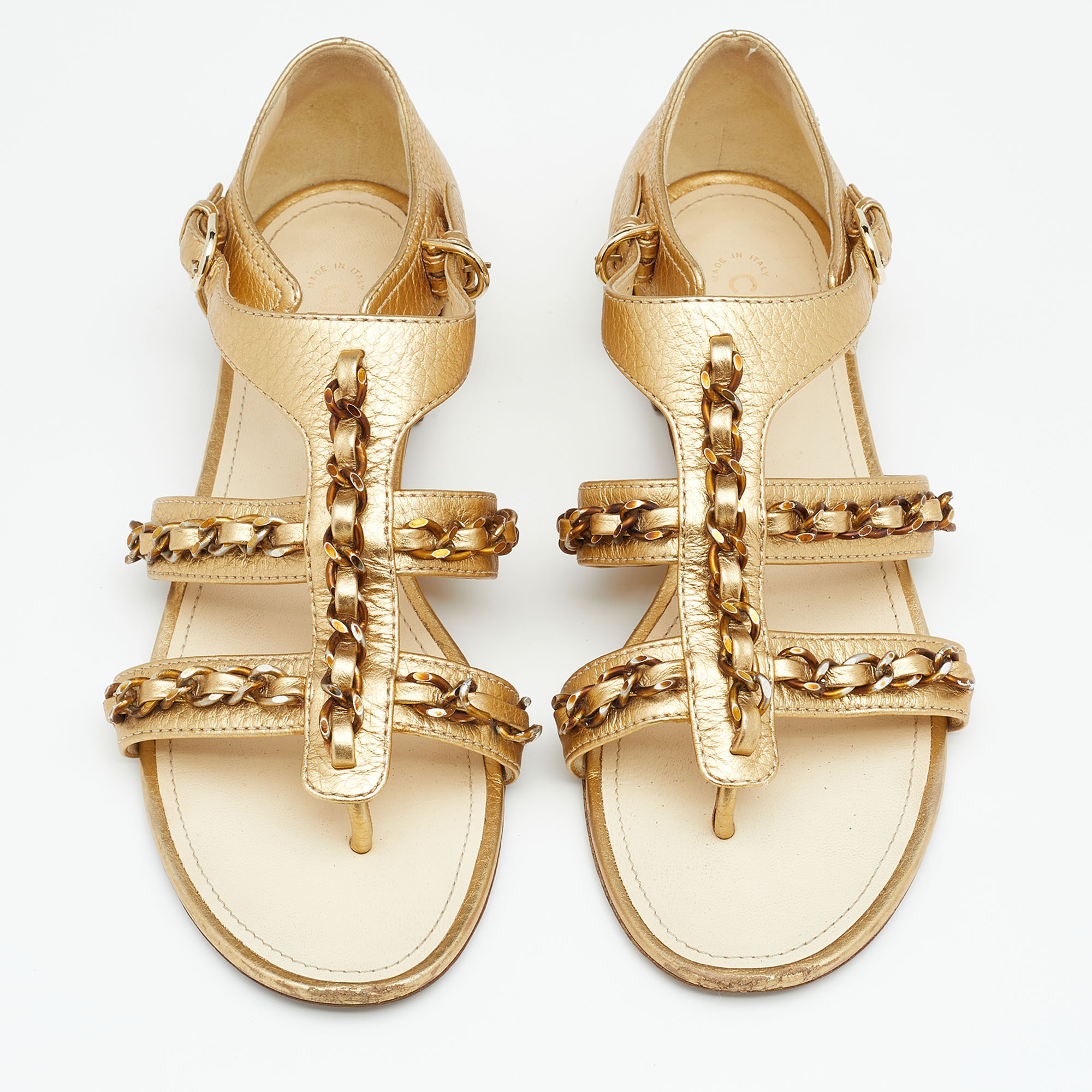 Chanel Metallic Gold  Leather Chain Detail Strappy Flat Sandals Size 39.5