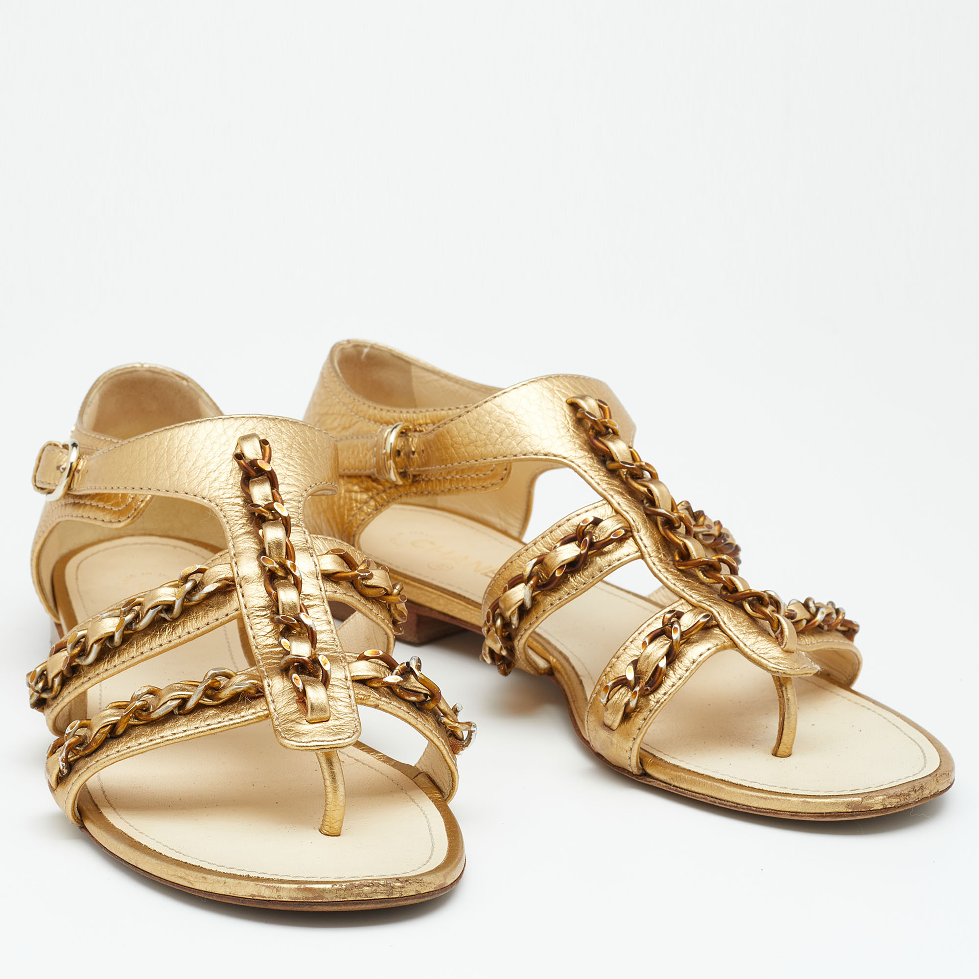 Chanel Metallic Gold  Leather Chain Detail Strappy Flat Sandals Size 39.5
