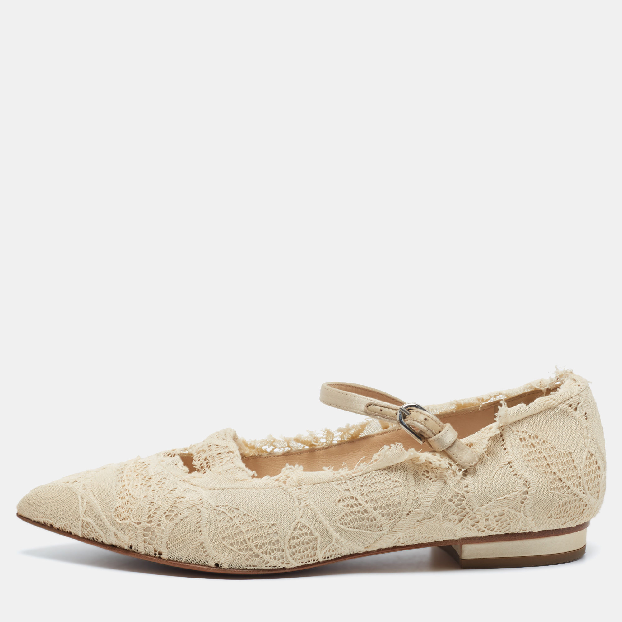 Chanel Beige Lace Pointed Toe Ballet Flats Size 37.5