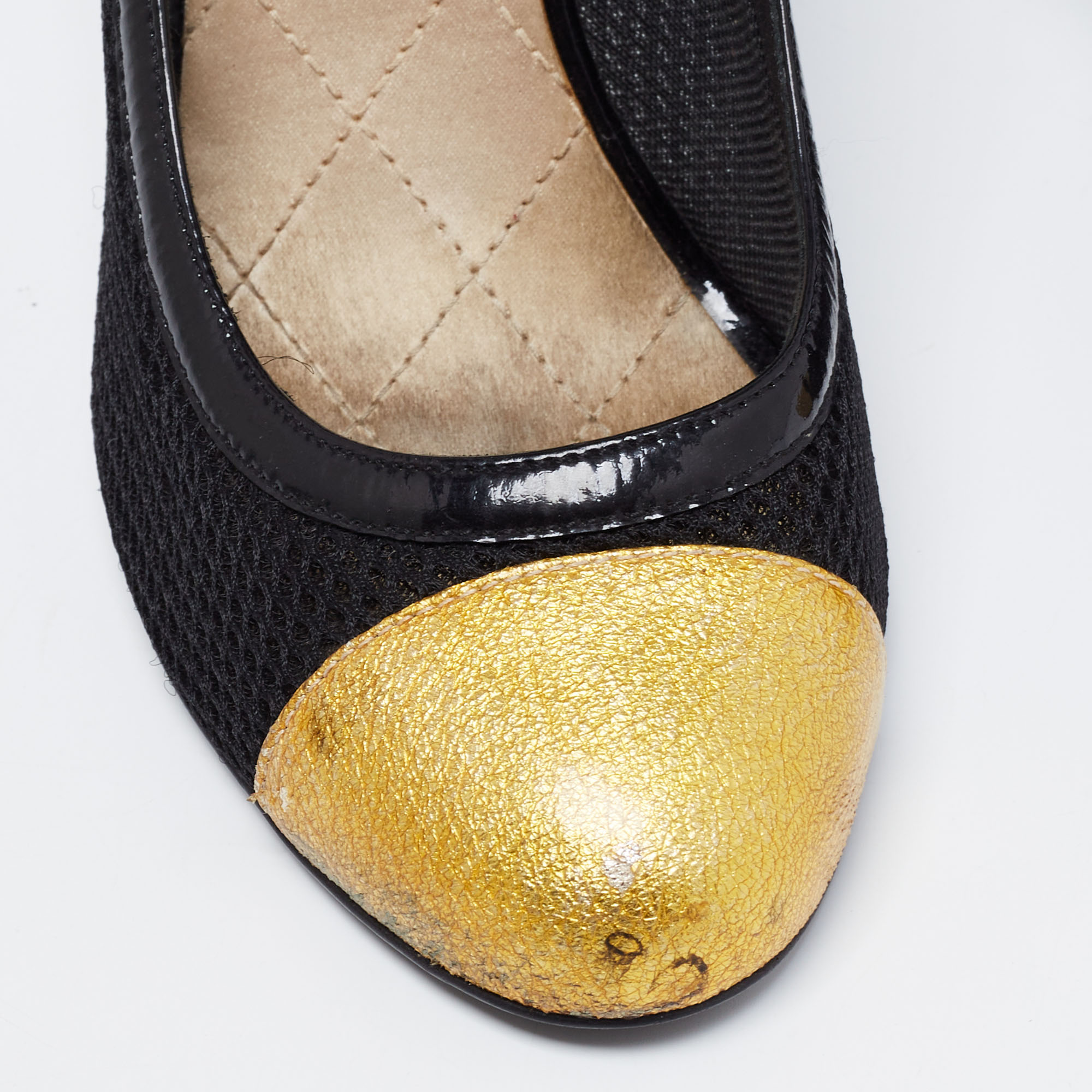 Chanel Black/Yellow Mesh, Patent And Textured Leather Cap-Toe Pumps Size 39
