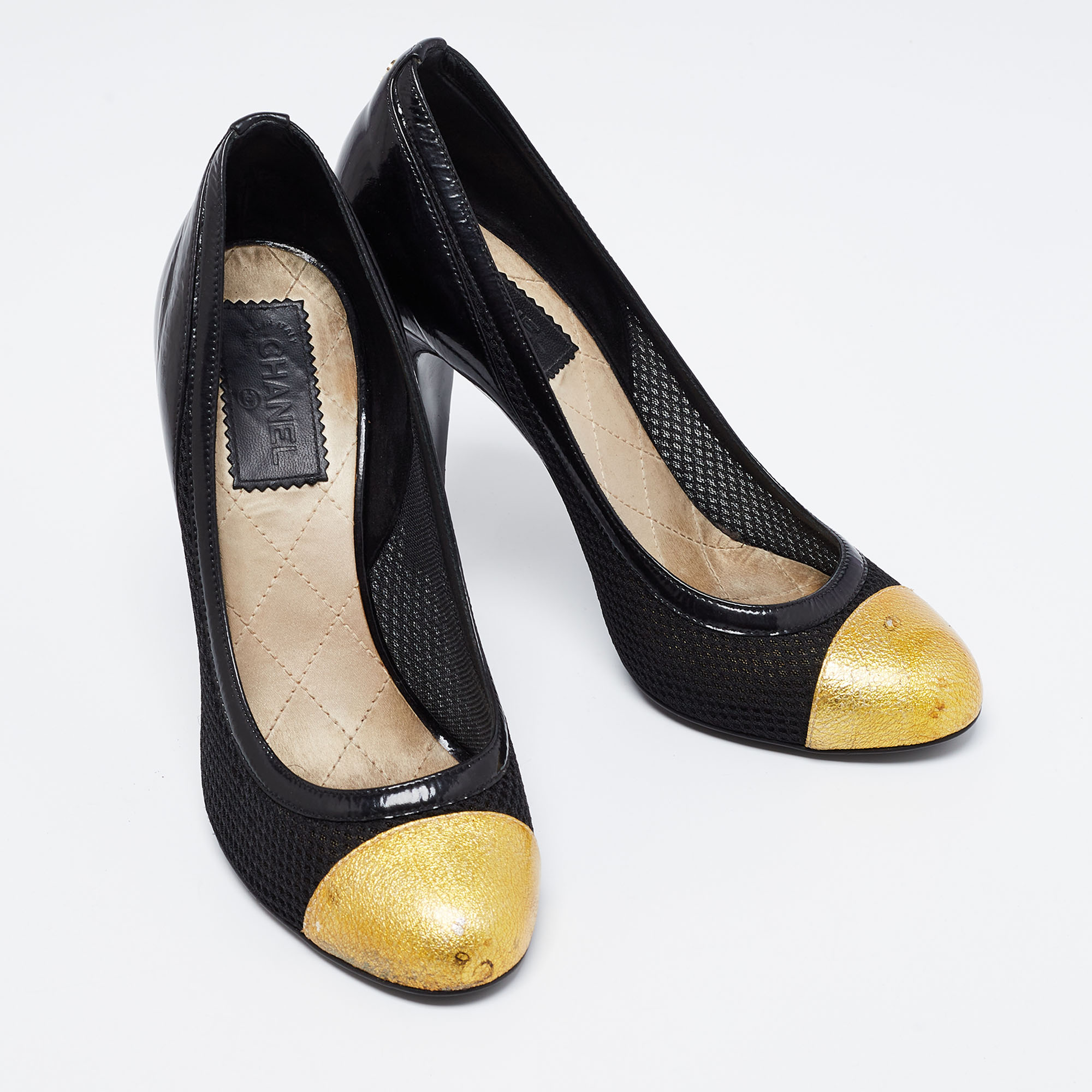 Chanel Black/Yellow Mesh, Patent And Textured Leather Cap-Toe Pumps Size 39