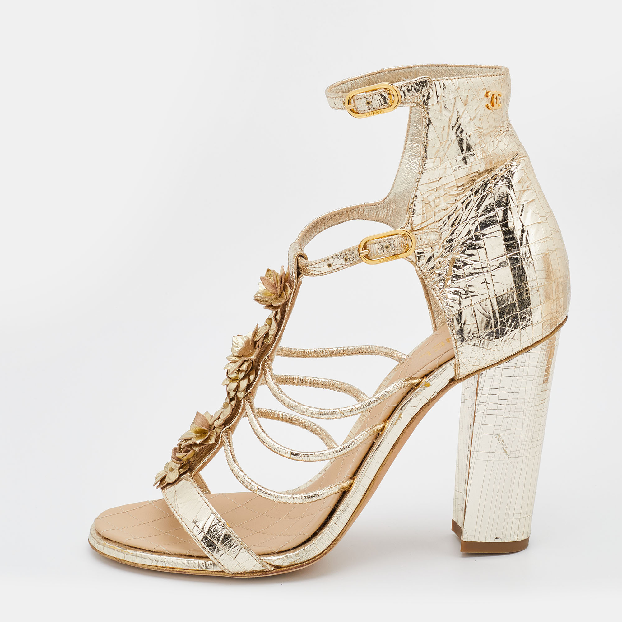 Chanel Metallic Gold Textured Leather Camellia Ankle Strap Sandals Size 39.5