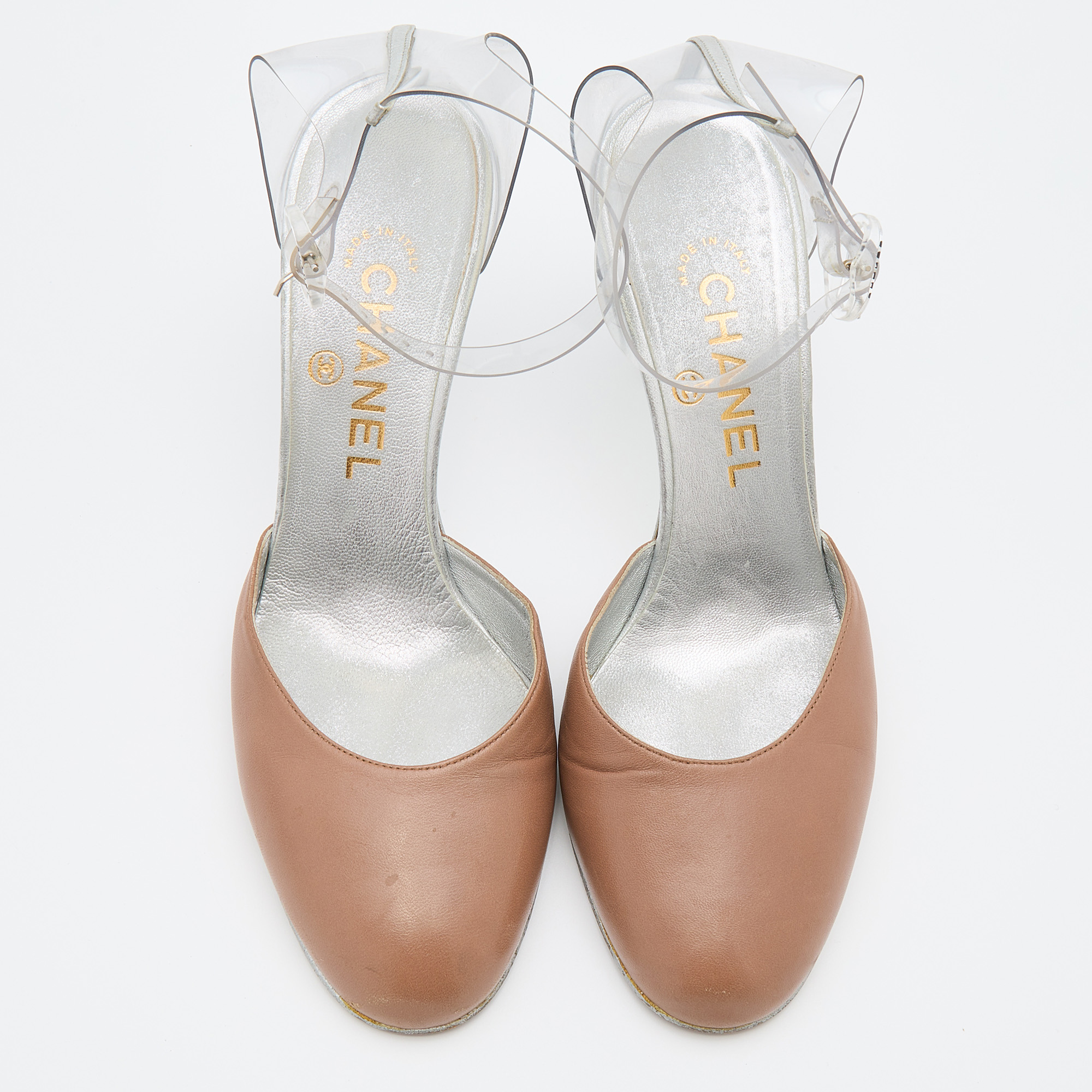 Chanel Beige/Transparent Leather And PVC Ankle Strap Pumps Size 38